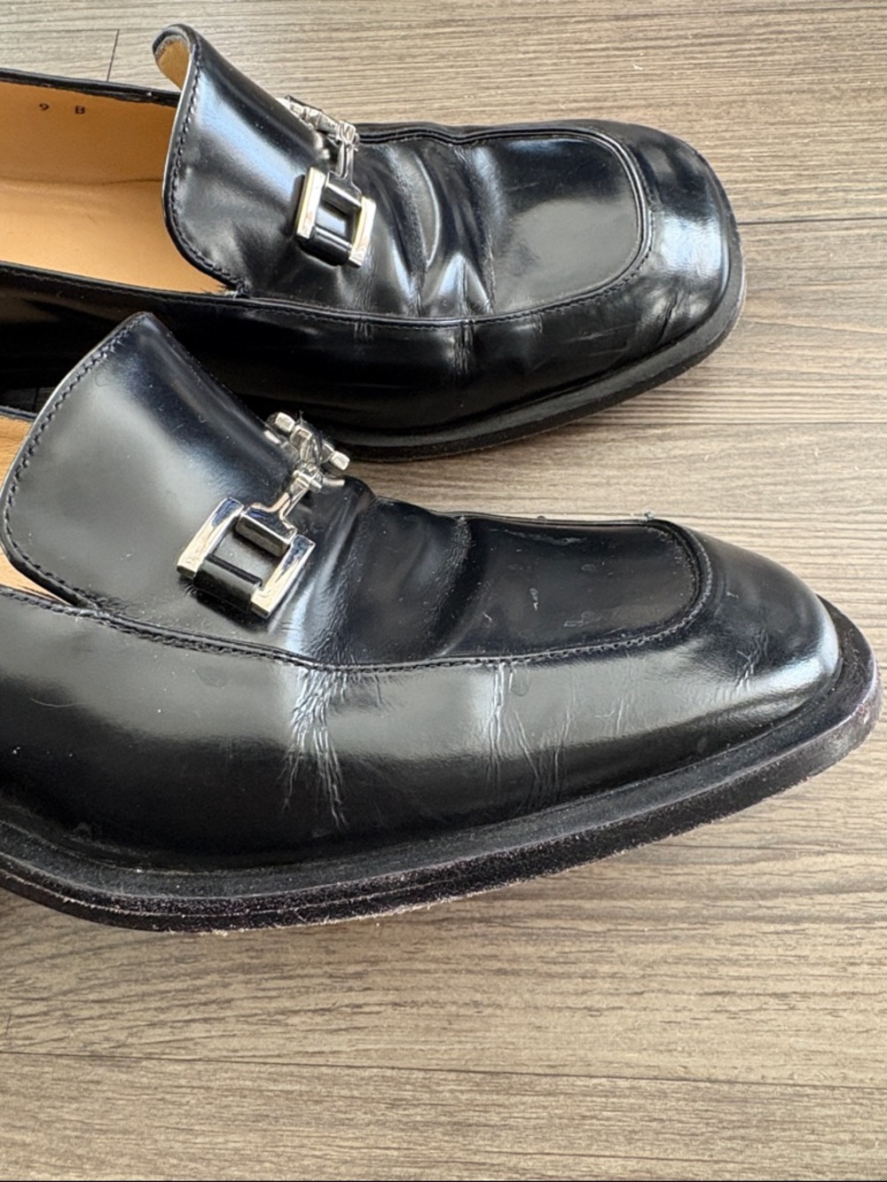 Vintage Gucci Leather Loafers Block Heels Black with Silver Horsebit Detail 9B - Picture 4 of 11